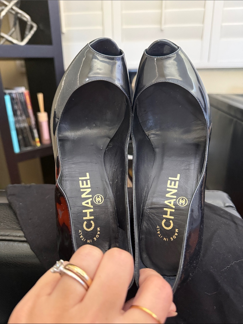 CHANEL Black Patent Peep-Toe Stiletto Pumps with Gold CC Heel Accent - Picture 7 of 10